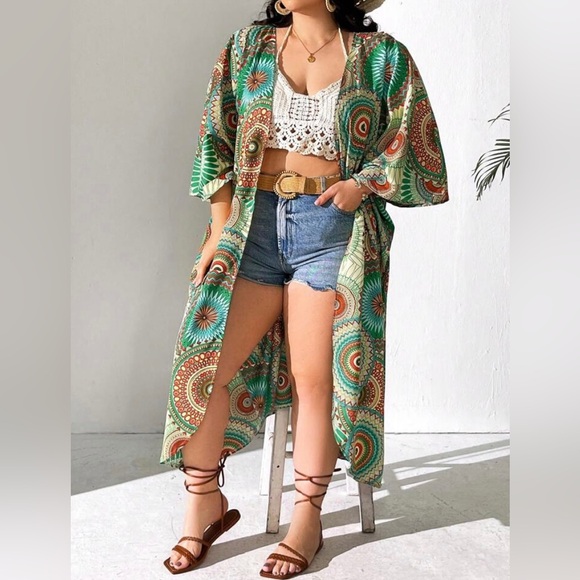 New Mandala Print Open Front Kimono Boho 3/4 Sleeve Cover Up Longline Swim Cover - Picture 8 of 10